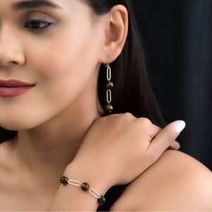 Tiger's Eye Paper Clip Station Bracelet & Earrings in ION Plated YG 33.90 ctw